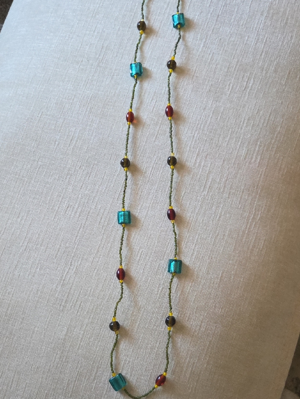 Handmade Multicolor Beaded Long Necklace - Turquoise, Olive & Red